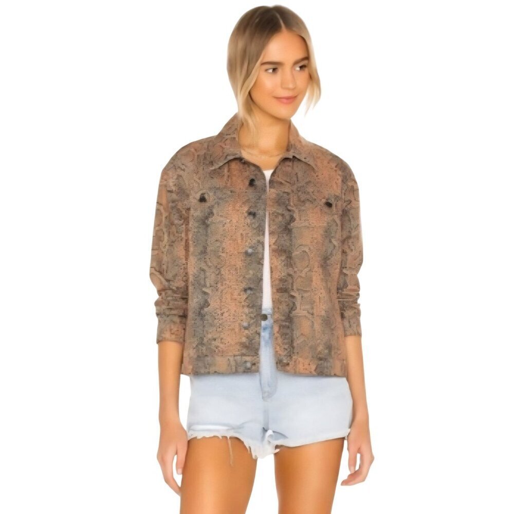 Free People Snake Print Trucker  Jacket Button Closure Pockets Size S - Picture 8 of 13